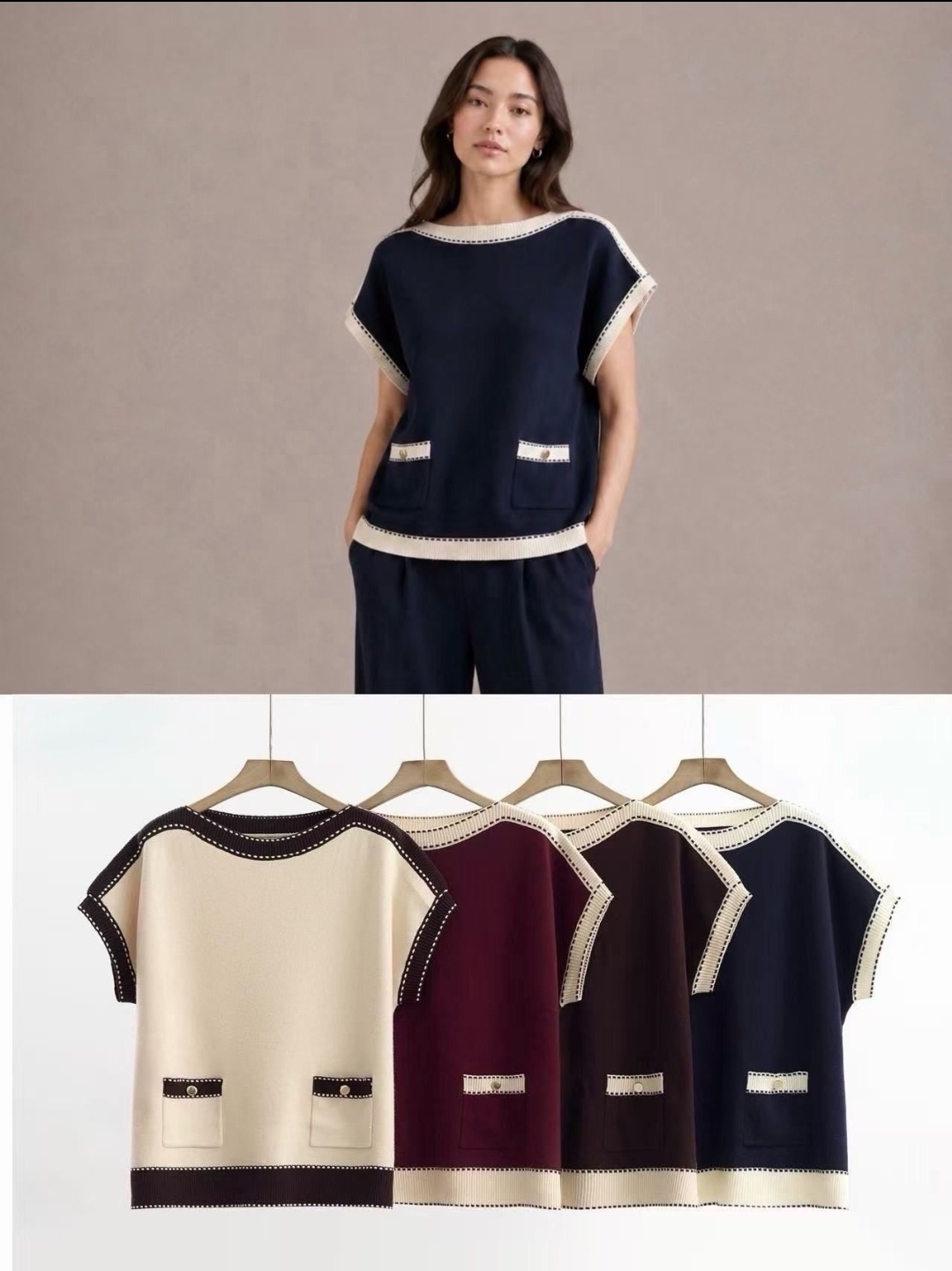 Cap sleeve knit top contrasting edge