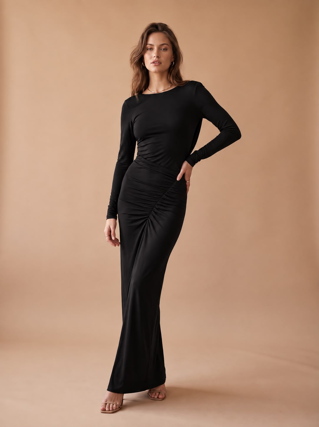 Lycra gown side ruching and open back