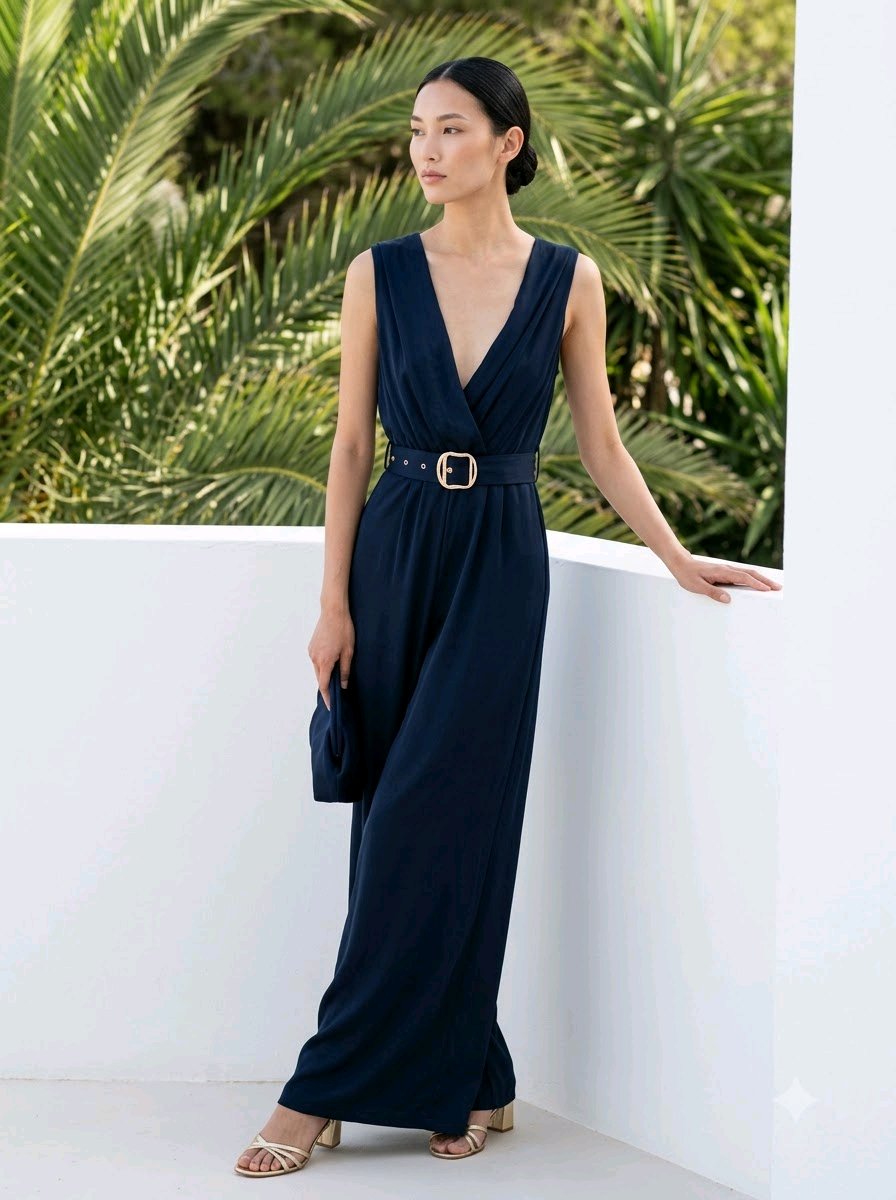 Satin sleeveless wrapover dress with a belt  