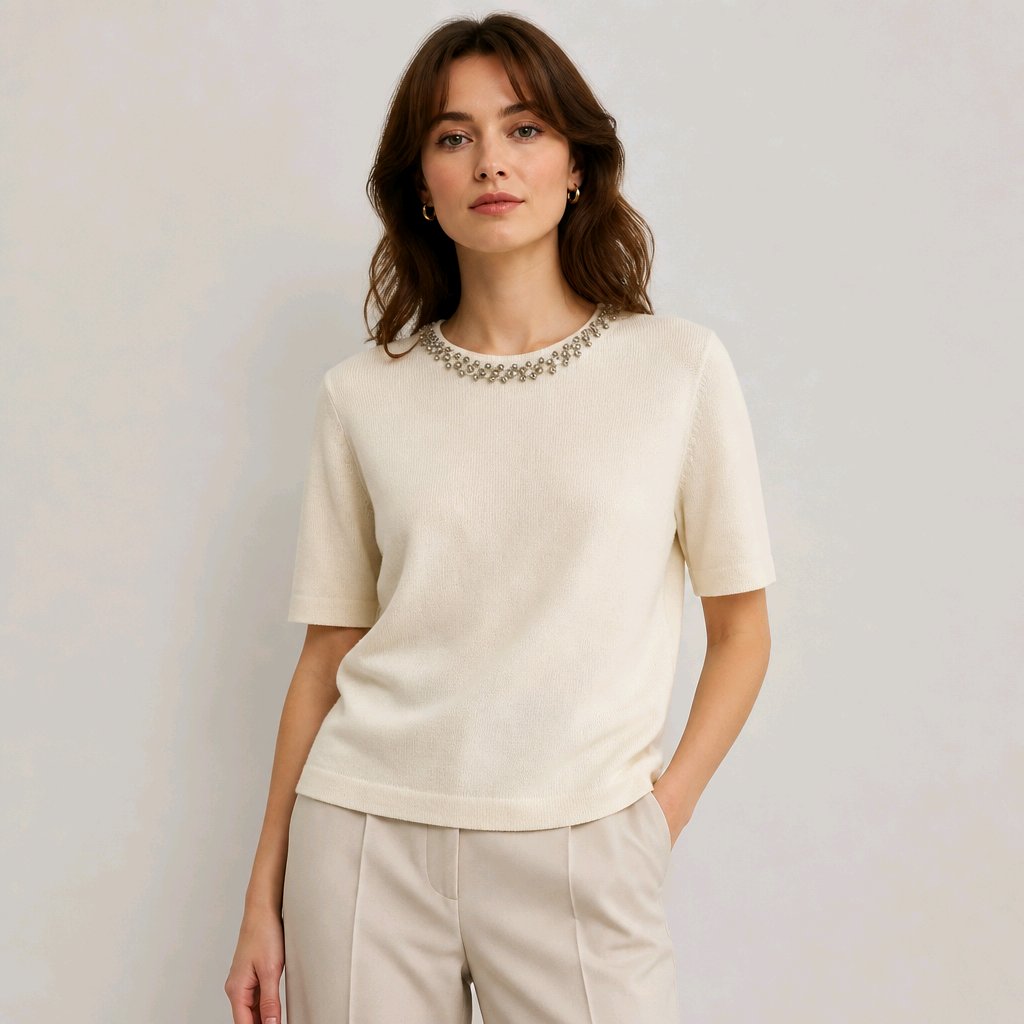 Half sleeve knit top beaded neck